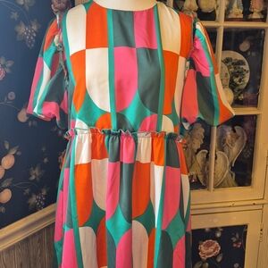 Women's Casual Geo-Print Dress in Pink, Orange & Teal